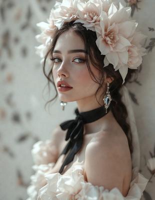 The primary subject of the image is a woman wearing a black bow and a flower crown. She is posing for the camera, with a close-up view of her face. The setting is a wall with a floral pattern, which serves as the background. The visual style is a close-up portrait, and the colors and mood are predominantly white and elegant.